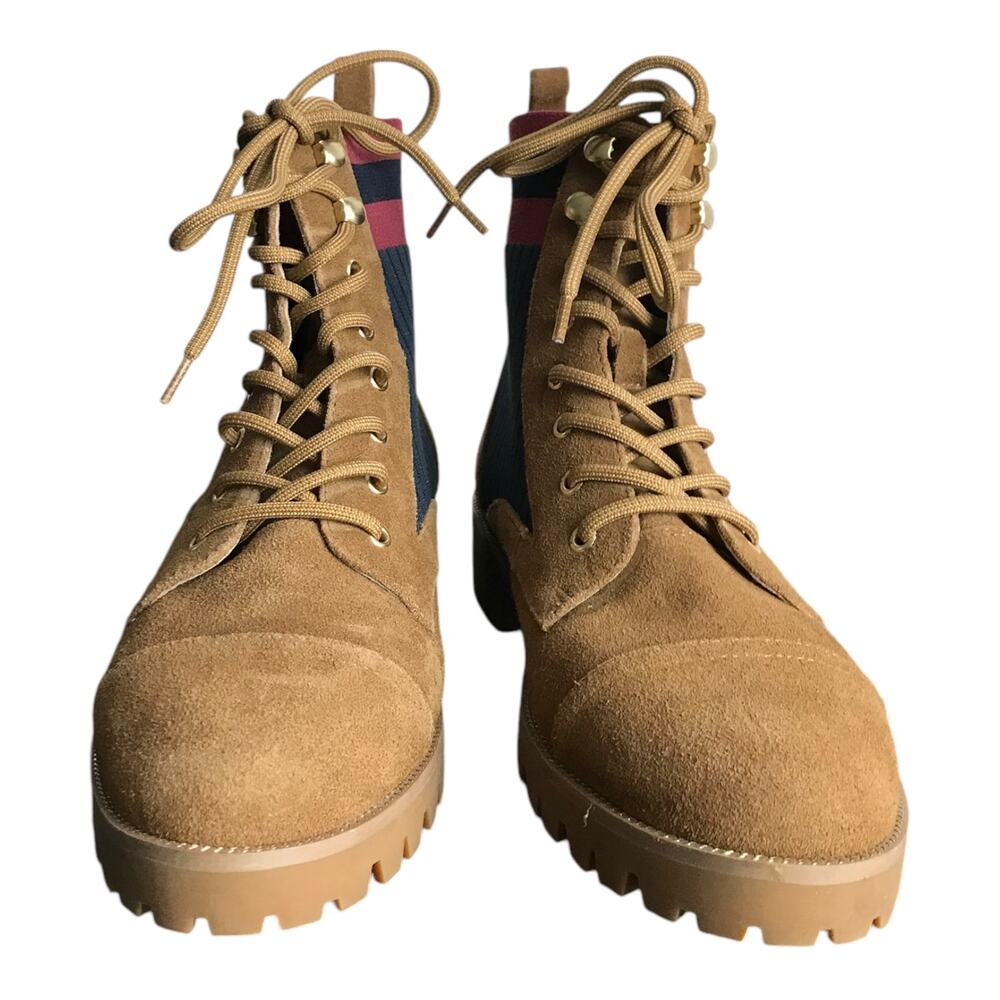 Cecelia Booties Womens Sz 9M Brown Leather Suede Navy Blue 1" Block Heel Lace-Up